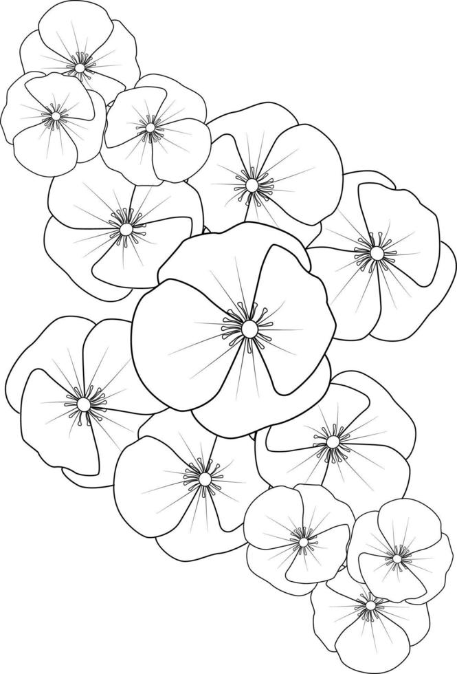 vallmo blomma blommor och gren vektor illustration. hand teckning vektor illustration för de färg bok eller sida svart och vit graverat bläck konst, för barn eller vuxna.