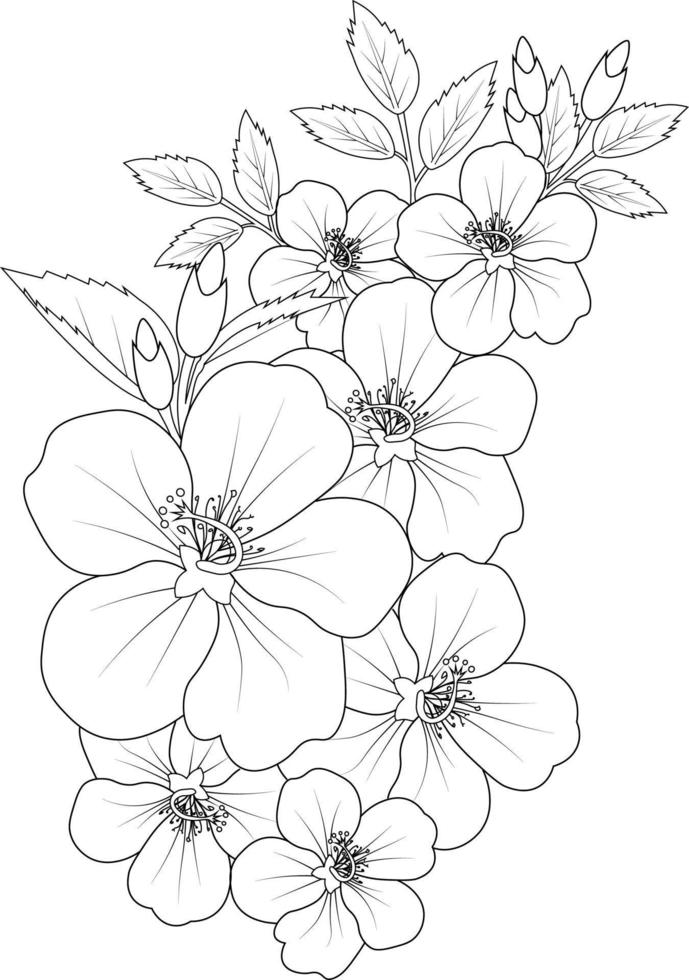 hibiskus isoliert, handgezeichnetes florales element. Vektorgrafik-Blumenstrauß von Sharon, Skizzenkunst, schöne Zentangle-Doodle-Blumentätowierung, Malseite für Erwachsene auf weißem Hintergrund. vektor