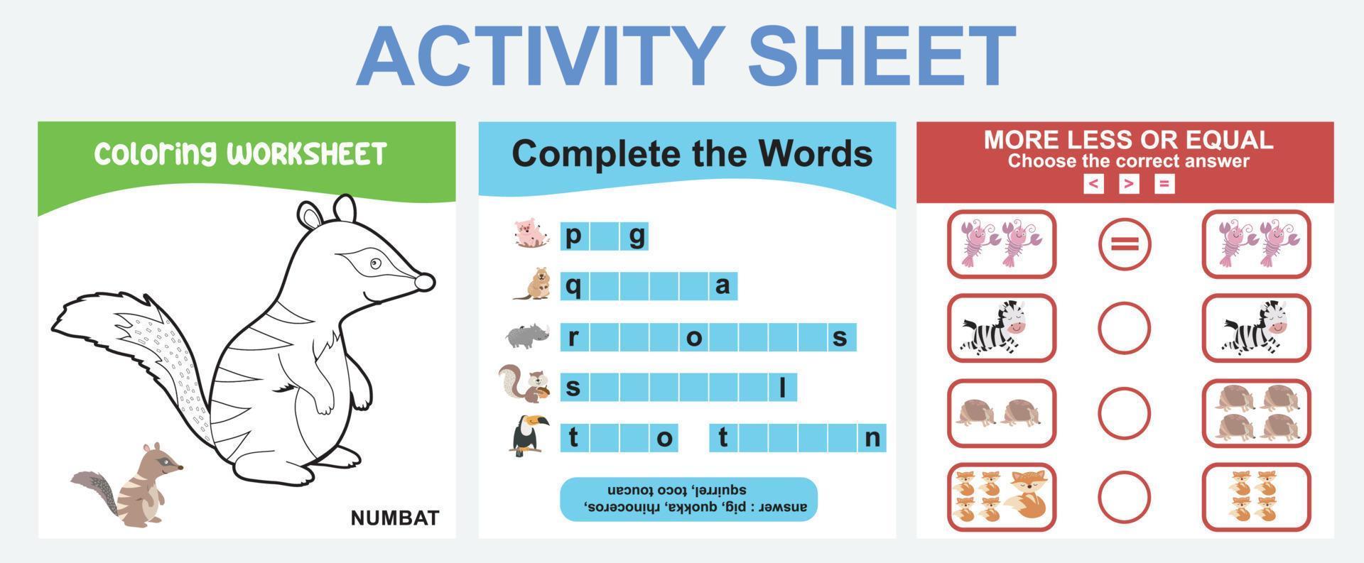pedagogisk tryckbar arbetsblad. aktivitet ark för barn med djur- tema. färg ark, komplett de ord, Mer eller mindre aktivitet. vektor fil.