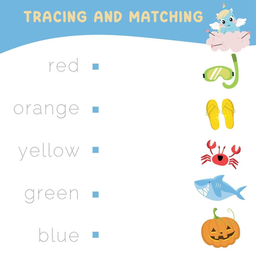 Verfolgen und passende Wörter mit Bildern. Übung für Kinder, um Farben zu erkennen. pädagogisches arbeitsblatt für die vorschule. Vektordatei. vektor