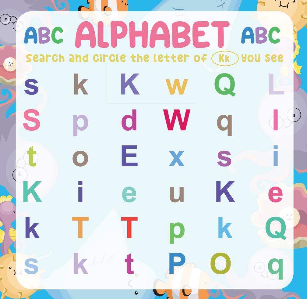 Suchen und kreisen Sie die Groß- und Kleinbuchstaben auf dem Arbeitsblatt ein. Übung für Kinder, um das Alphabet zu erkennen. Lernblatt für die Vorschule. Vektordatei. vektor