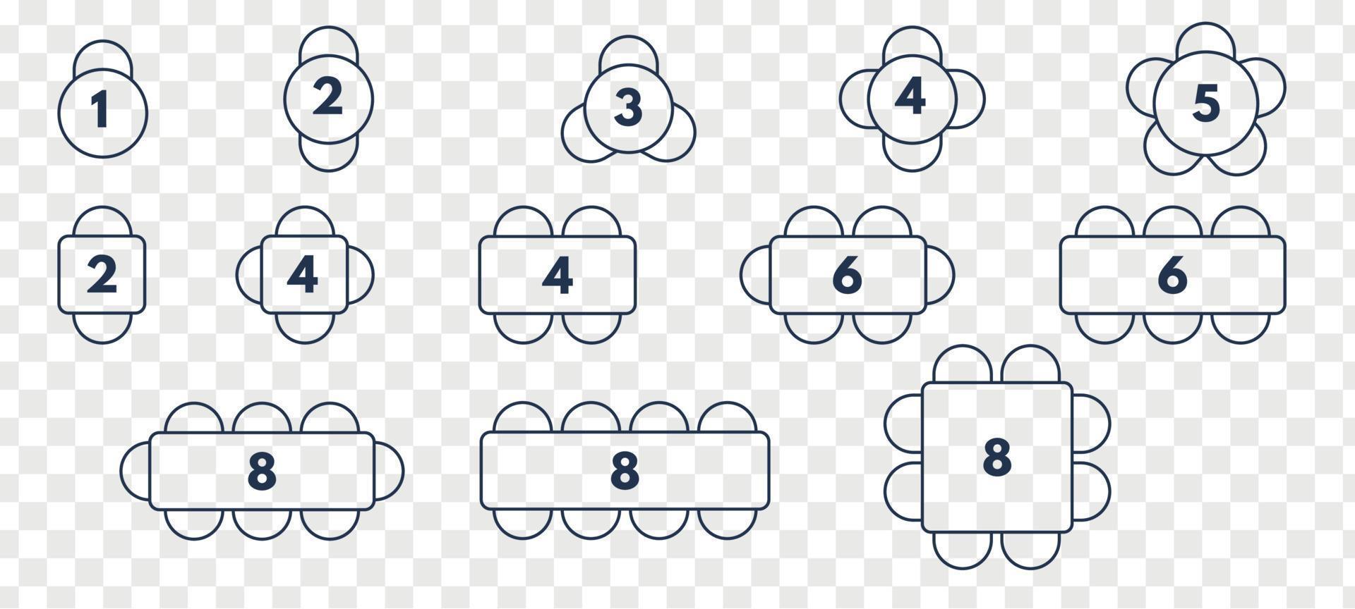 tabell Kartor för restaurang sittplatser kapacitet. annorlunda stol och tabell storlekar för händelse eller fest. arkitektonisk planen, plan av säten. vektor isolerat illustration