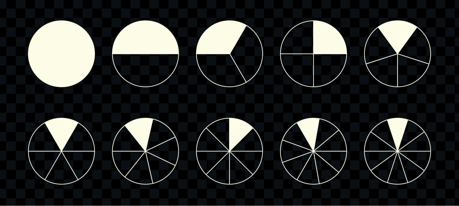 fraktioner paj dividerat för matematik. cirkel paj med bitar. segmentet skiva uppsättning. enkel geometri. vektor isolerat illustration