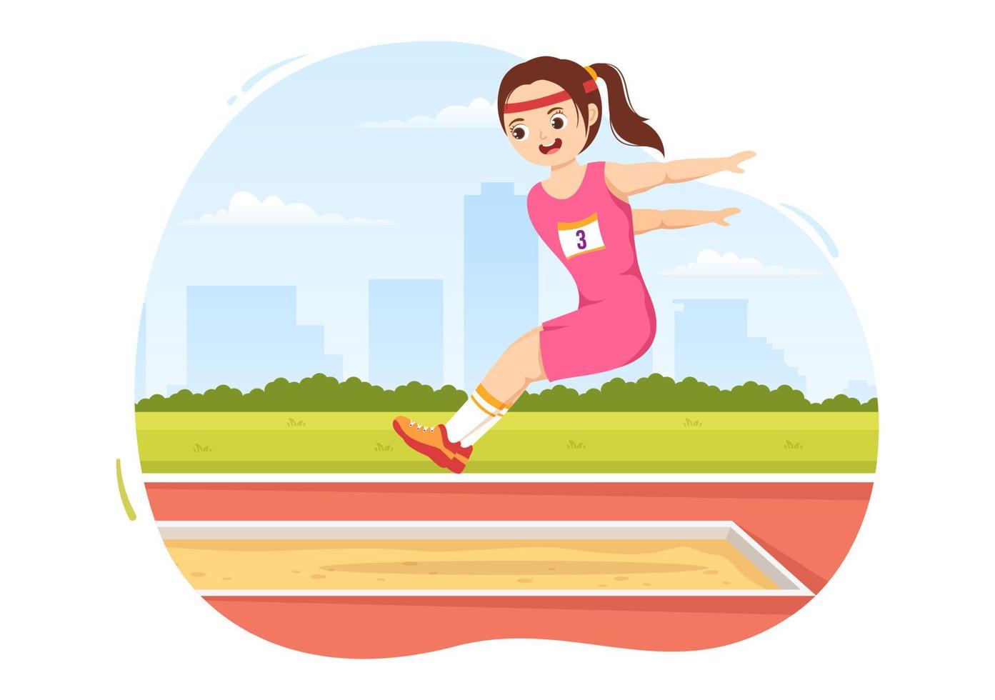 lång hoppa illustration med barn håller på med hoppar i sand grop för webb baner eller landning sida i sport mästerskap platt tecknad serie hand dragen mallar vektor