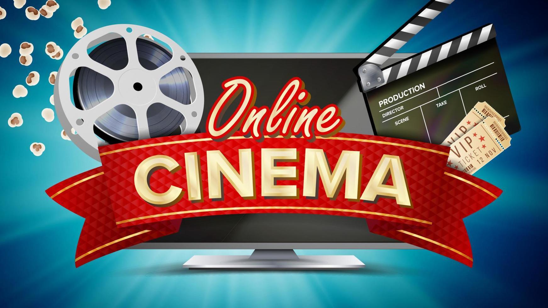 Online-Kino-Vektor. Banner mit Computermonitor. Popcorn, 3D-Brille, Filmstreifen-Kinematographie. Online-Film-Banner-Schild. helles Plakat. Illustration vektor