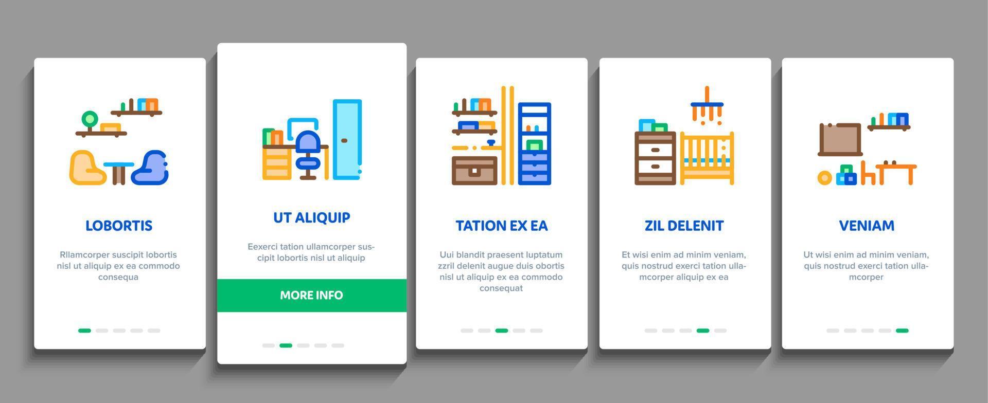 Hem rum möbel onboarding element ikoner uppsättning vektor