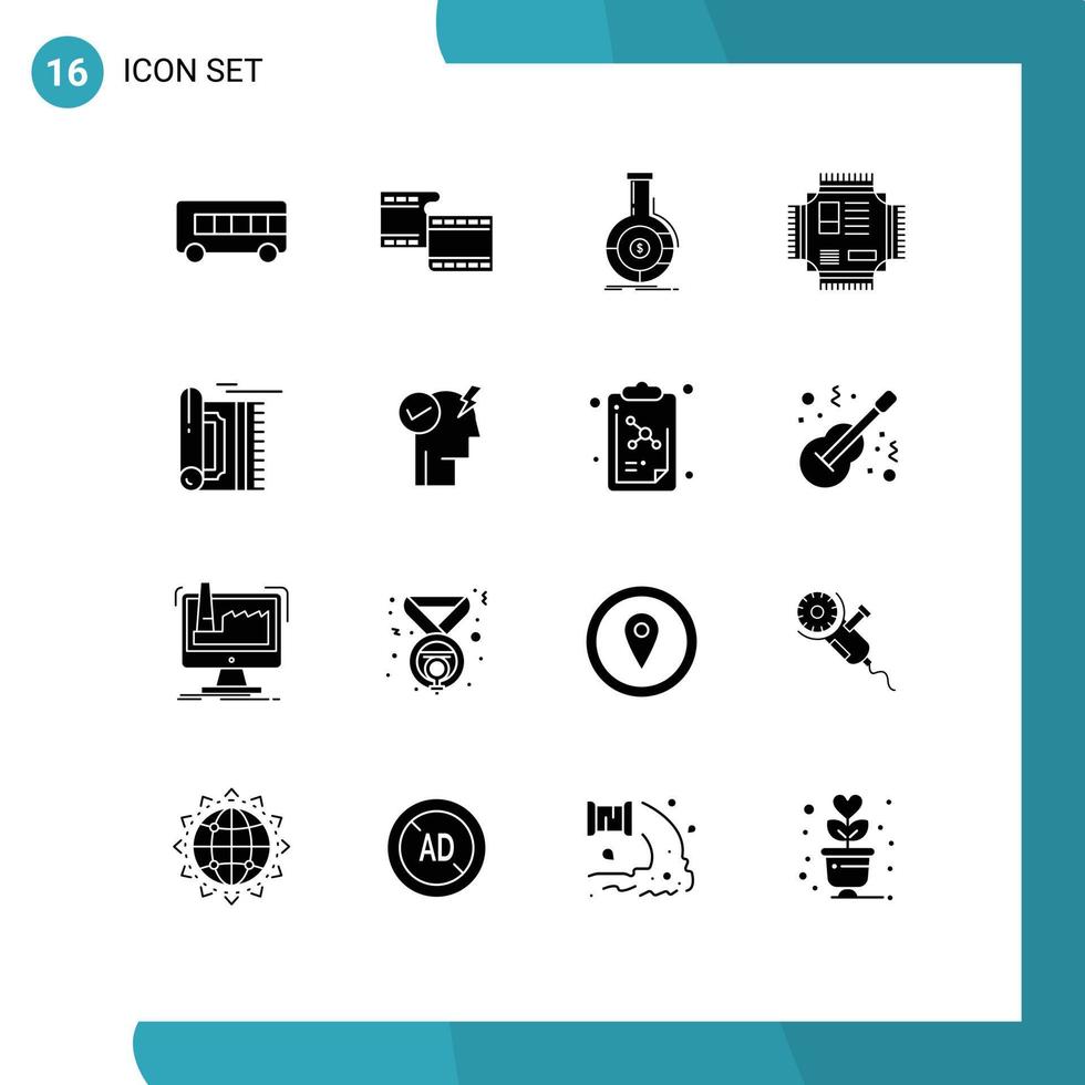 16 solides Glyphenpaket der Benutzeroberfläche mit modernen Zeichen und Symbolen der betenden Technologie Banking-Prozessor-CPU editierbare Vektordesign-Elemente vektor