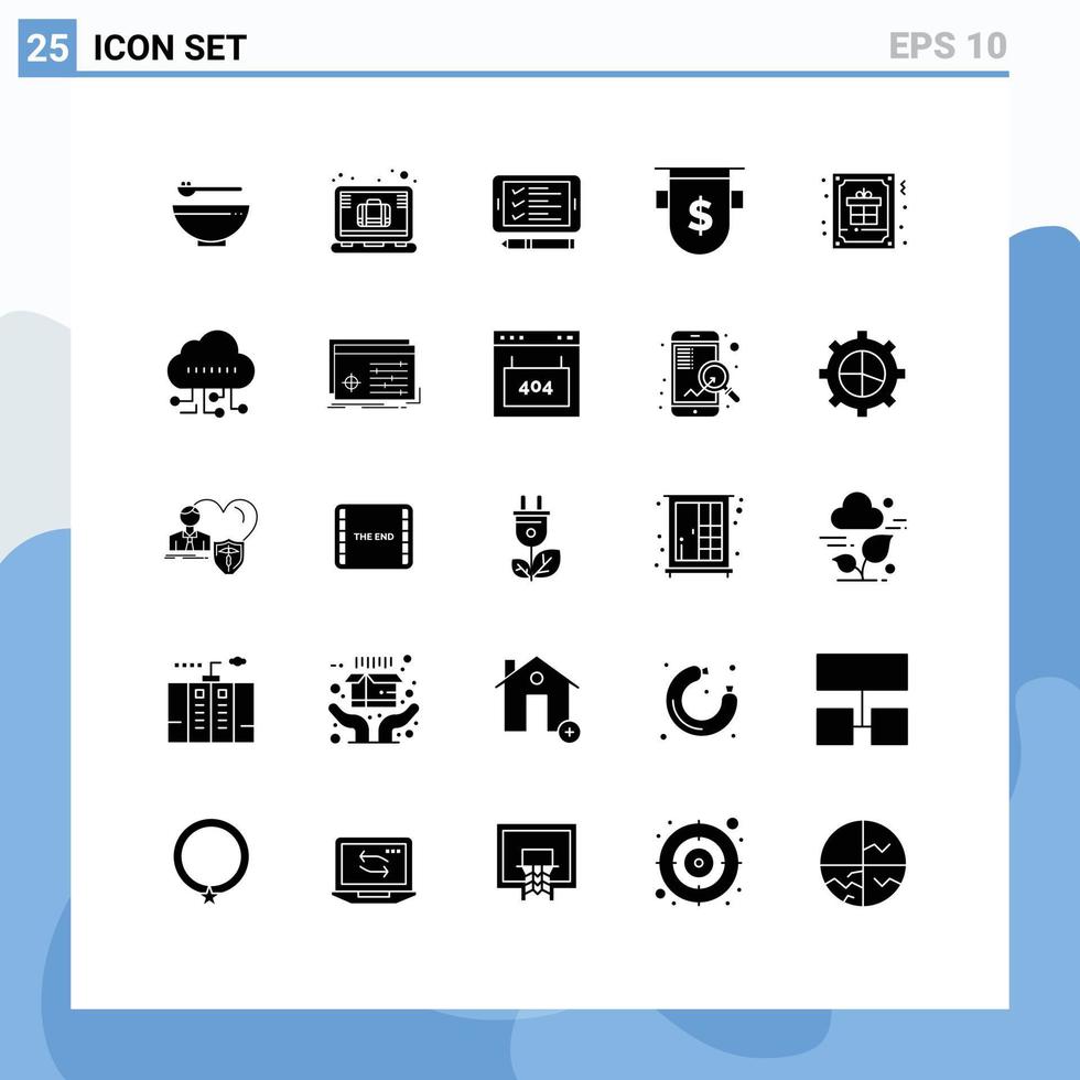 Gruppe von 25 soliden Glyphen Zeichen und Symbolen für bearbeitbare Vektordesign-Elemente für Kartendollar-Telefonwährungsabzeichen vektor
