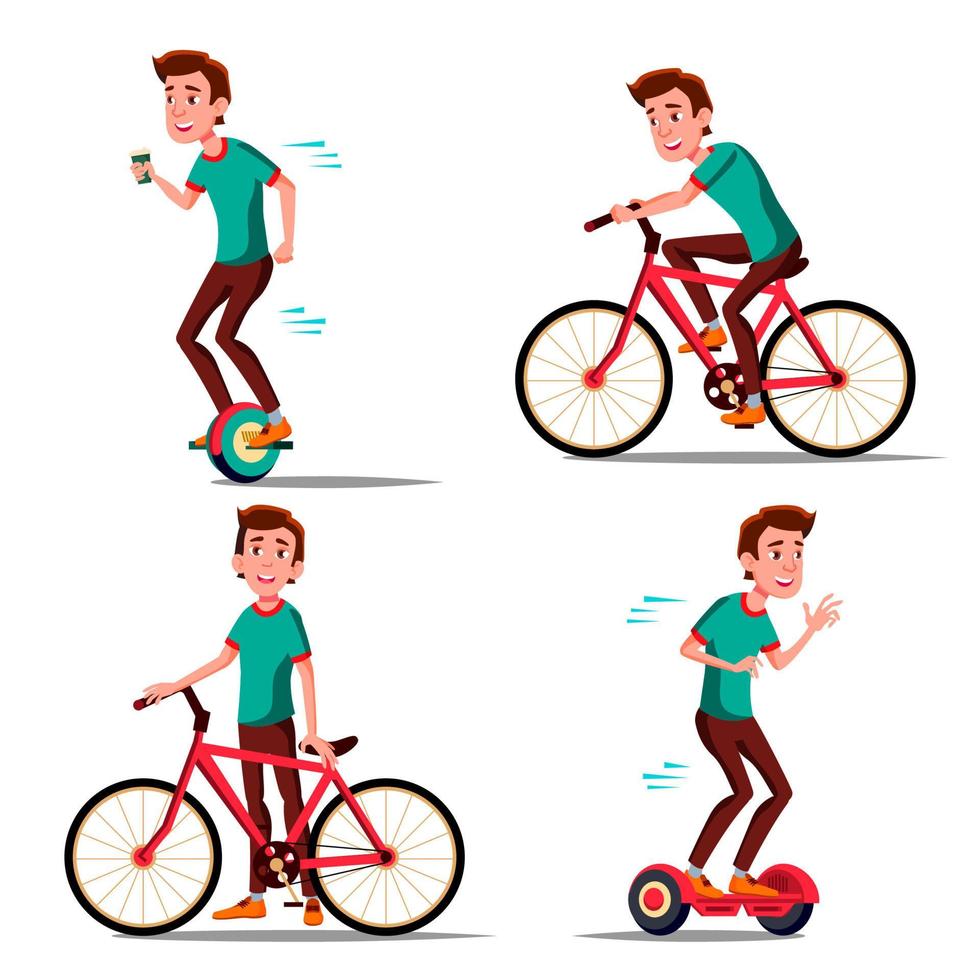 jugendlich Junge, der hoverboard, Fahrradvektor reitet. sportliche Aktivität im Freien in der Stadt. Kreiselroller, Fahrrad. umweltfreundlich. gesunder Lebensstil. isolierte Abbildung vektor