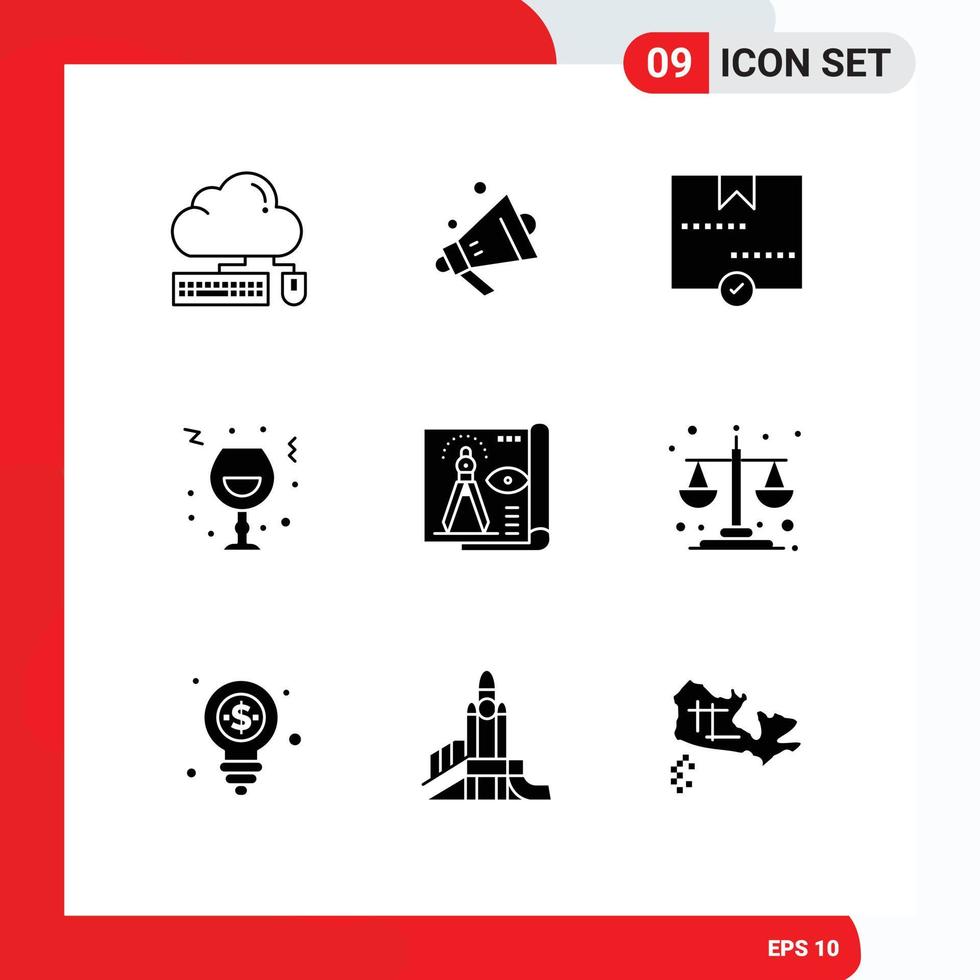 Stock Vector Icon Pack mit 9 Zeilenzeichen und Symbolen für Partyfeiern genehmigen bearbeitbare Vektordesign-Elemente für Glaspakete