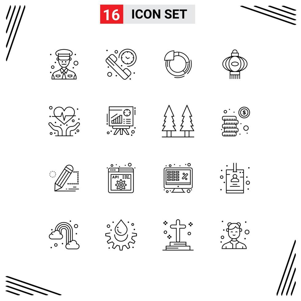 Aktienvektor-Icon-Pack mit 16 Zeilenzeichen und Symbolen für die Herzpflege chinesisches Diagramm Porzellanlaterne editierbare Vektordesign-Elemente vektor