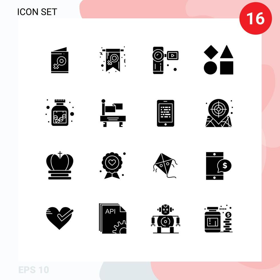 moderner Satz von 16 soliden Glyphen Piktogramm von Drogen formt Symbol geometrische Videokamera editierbare Vektordesign-Elemente vektor