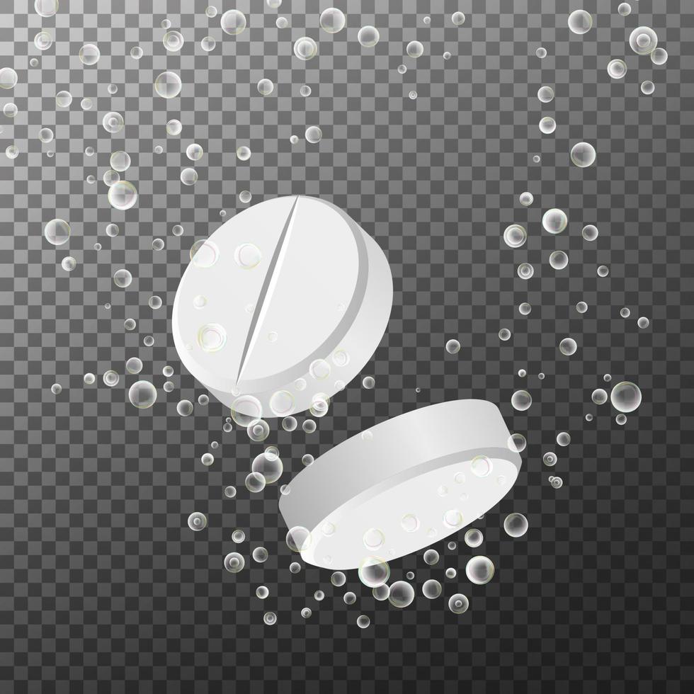 löslig läkemedel med brusande isolerat på rutig bakgrund. vektor illustration. vitamin i vatten bubblande, tre upplösande tabletter. 3d realistisk illustration