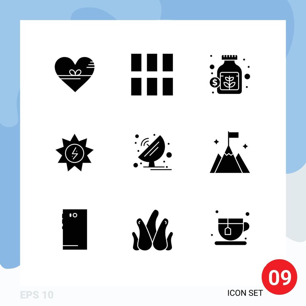 Gruppe von 9 modernen soliden Glyphen für Antennenenergielayout Solareinsparungen editierbare Vektordesign-Elemente vektor