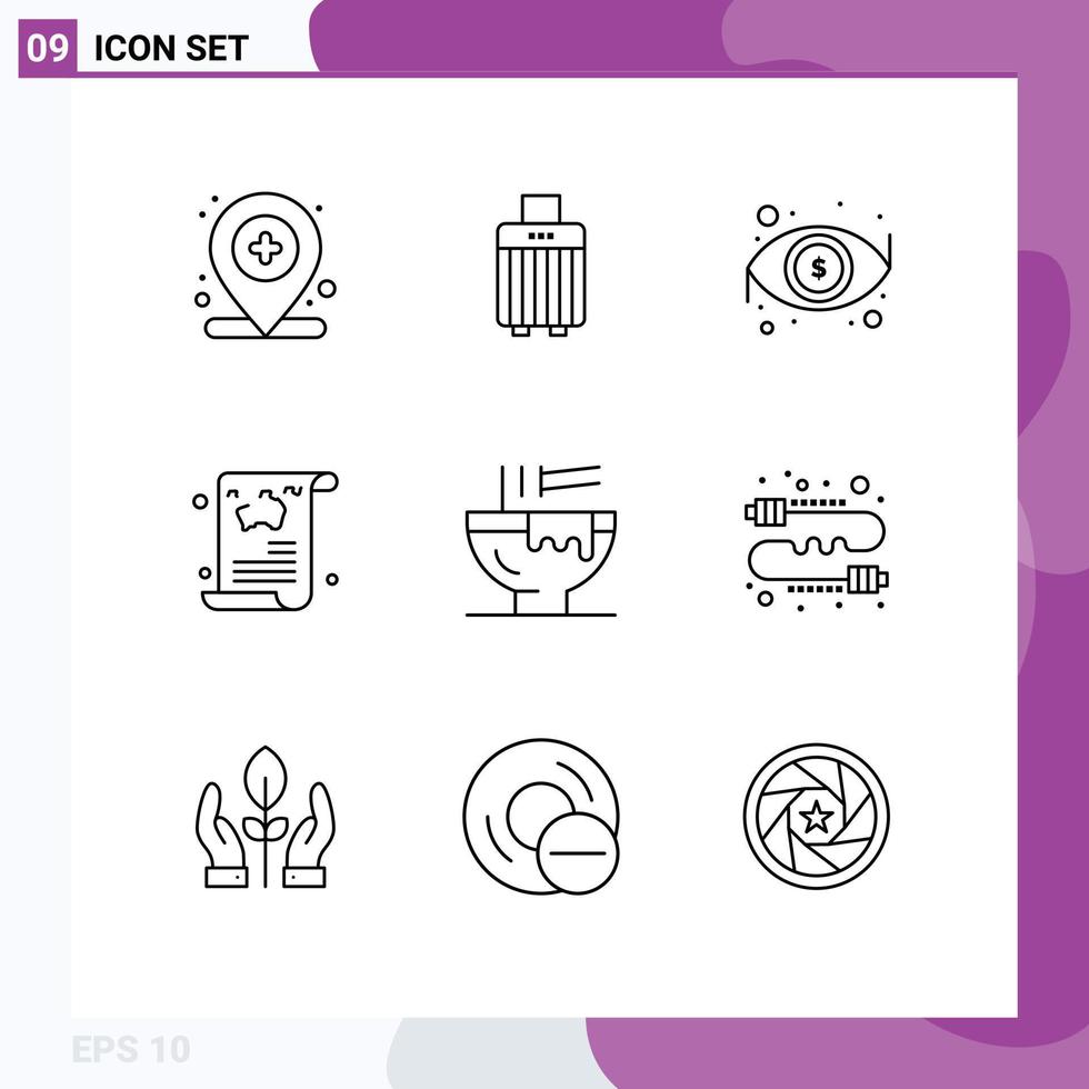 Stock Vector Icon Pack mit 9 Zeilen Zeichen und Symbolen für Bowl Travel Dollar Artikel Blog editierbare Vektordesign-Elemente