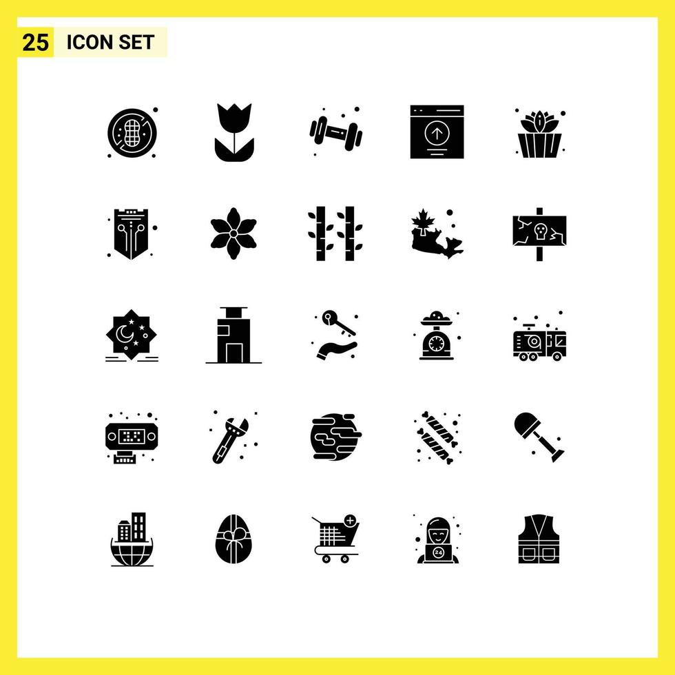 25 universelle solide Glyphenzeichen Symbole der Sauna-Benutzer-Hantel-Upload-Schnittstelle editierbare Vektordesign-Elemente vektor