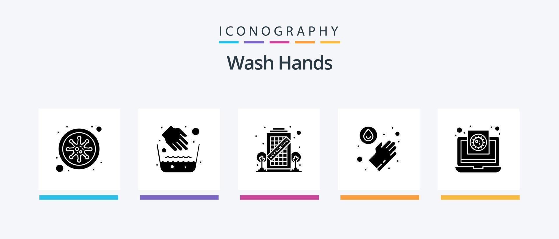 Hände waschen Glyphe 5 Icon Pack inklusive Medizin. Coronavirus. Gebäude. Waschen. Hände. kreatives Symboldesign vektor