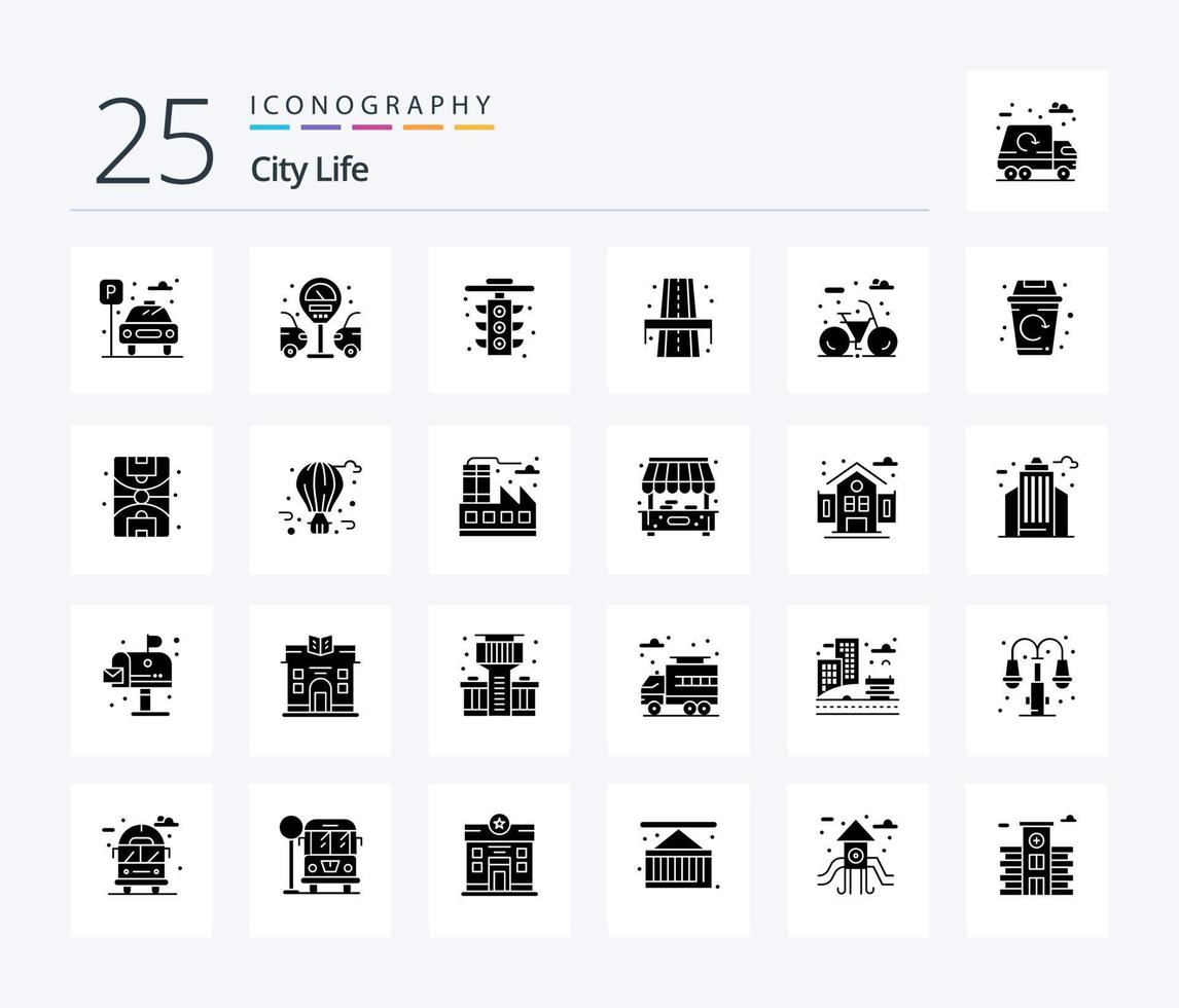 City Life 25 solides Glyphen-Icon-Pack inklusive Lebenszyklus. Stadt. Leben. Weg. Leben vektor