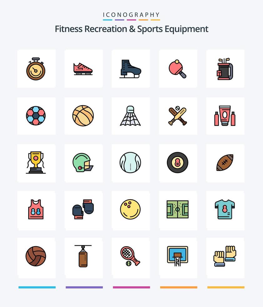 kreativ kondition rekreation och sporter Utrustning 25 linje fylld ikon packa sådan som pinne. Utrustning. skridskoåkning. klubb. tennis vektor