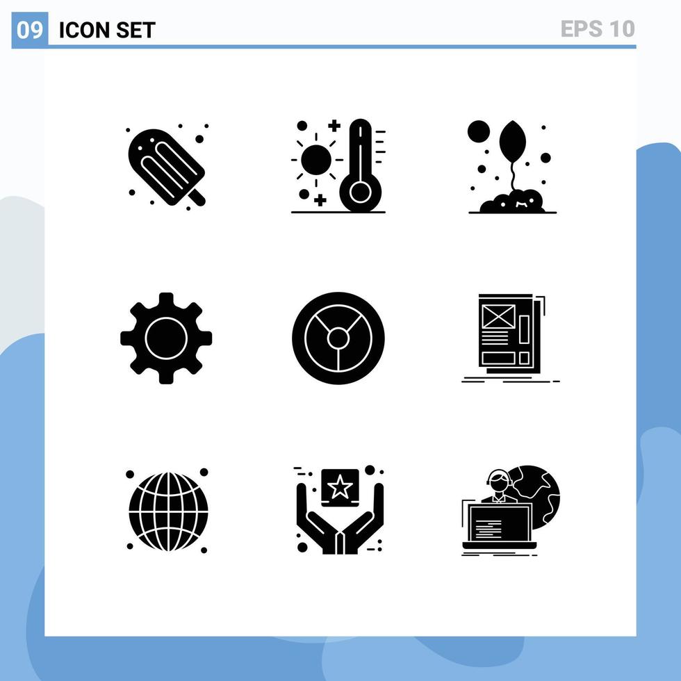 Gruppe von 9 modernen soliden Glyphen, die zum Einstellen von bearbeitbaren Vektordesignelementen für grundlegende Blätter des Zahnradwetters festgelegt wurden vektor
