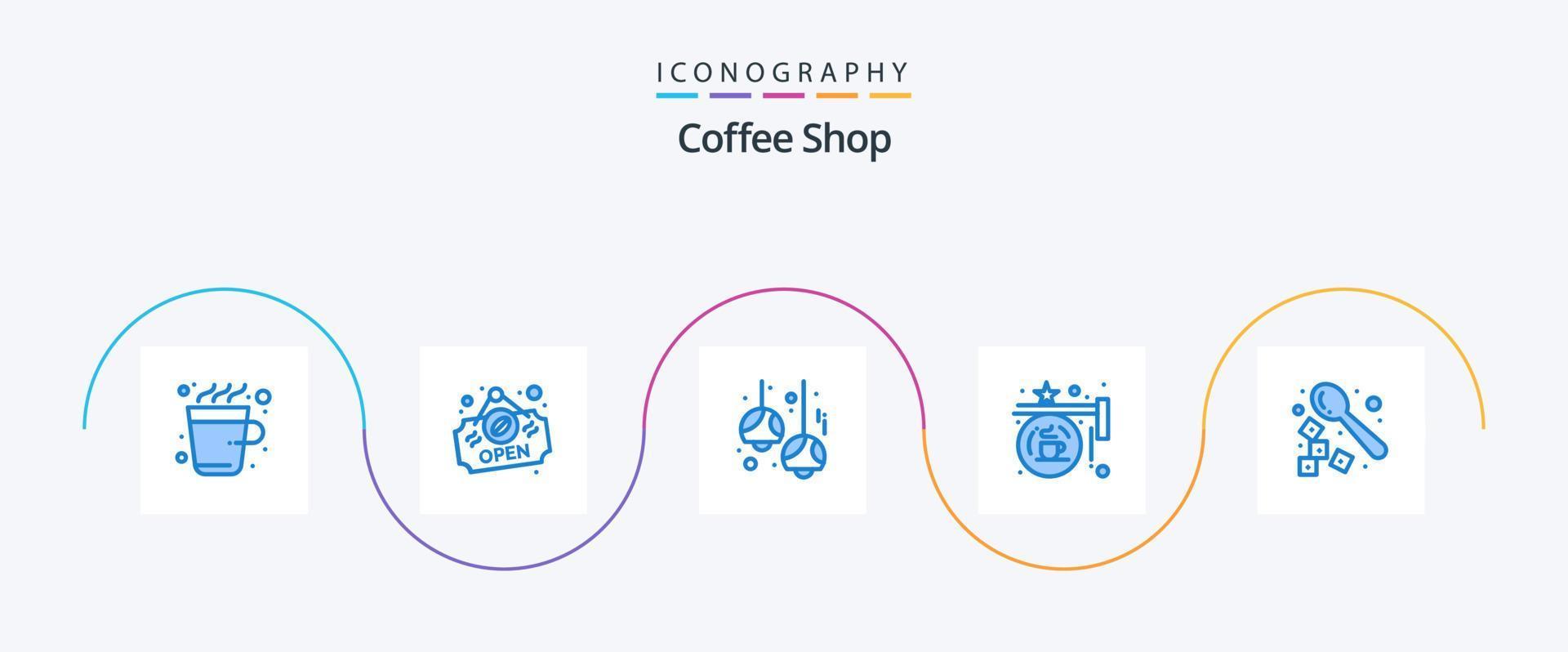 Coffee Shop Blue 5 Icon Pack inklusive Barista. Laden. Cafe. hängend. Planke vektor