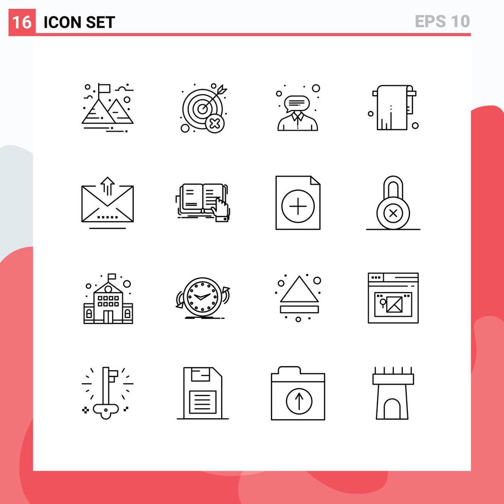 Stock Vector Icon Pack mit 16 Zeilen Zeichen und Symbolen für Brief Handtuch Berater Handtuch Bad editierbare Vektordesign-Elemente