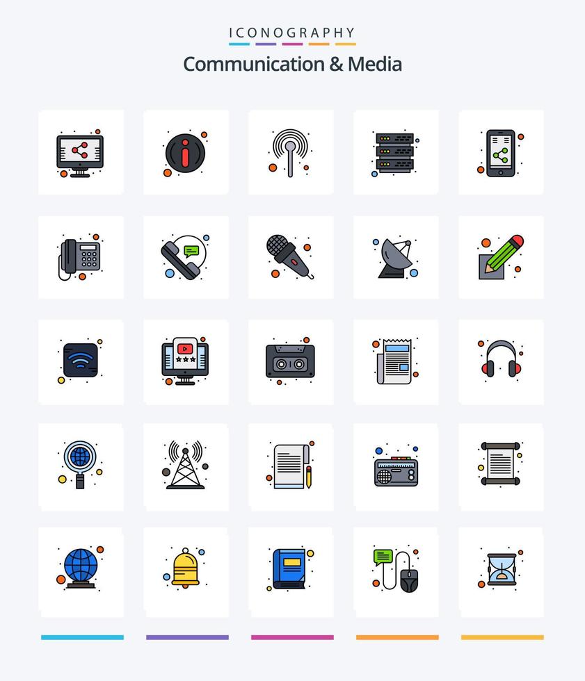 kreativ kommunikation och media 25 linje fylld ikon packa sådan som social. media. nätverk. internet. server vektor