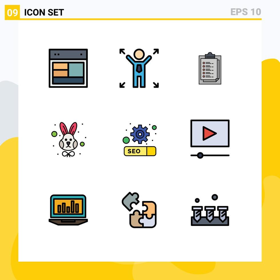 9 universelle Filledline-Flachfarben für Web- und mobile Anwendungen SEO-Gesicht-Notizblock-Kaninchentier editierbare Vektordesign-Elemente vektor