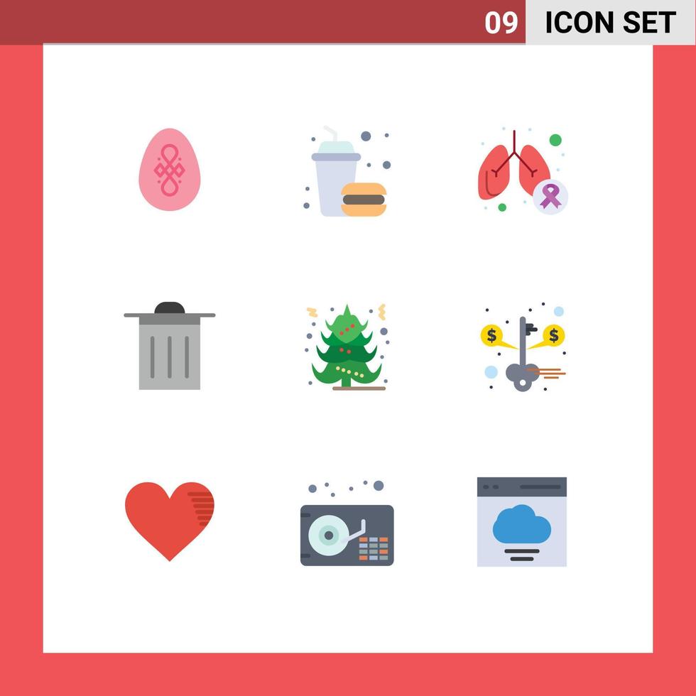 Packung mit 9 modernen flachen Farbzeichen und Symbolen für Web-Printmedien wie Baum-UI-Krebs-Müllsymptome, editierbare Vektordesign-Elemente vektor