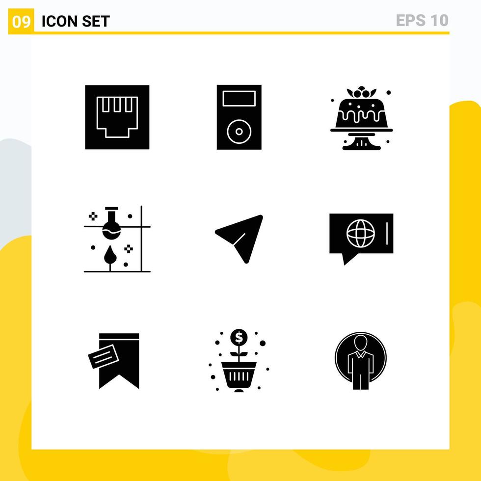 9 solides Glyphenkonzept für mobile Websites und Apps Pfeilwissenschaftsexperimentkuchen Wissenschaftslabor bearbeitbare Vektordesignelemente vektor