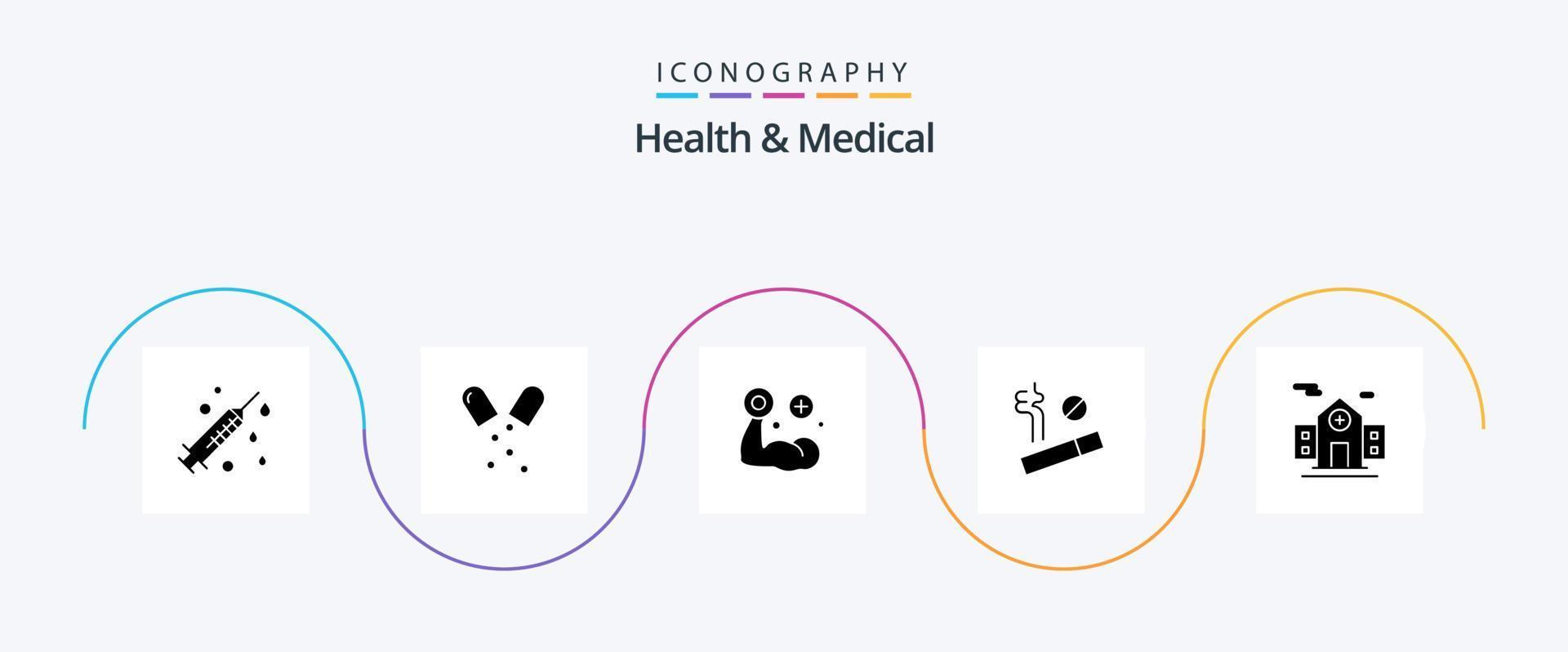 hälsa och medicinsk glyf 5 ikon packa Inklusive . byggnad. hand. sjukhus. rök vektor