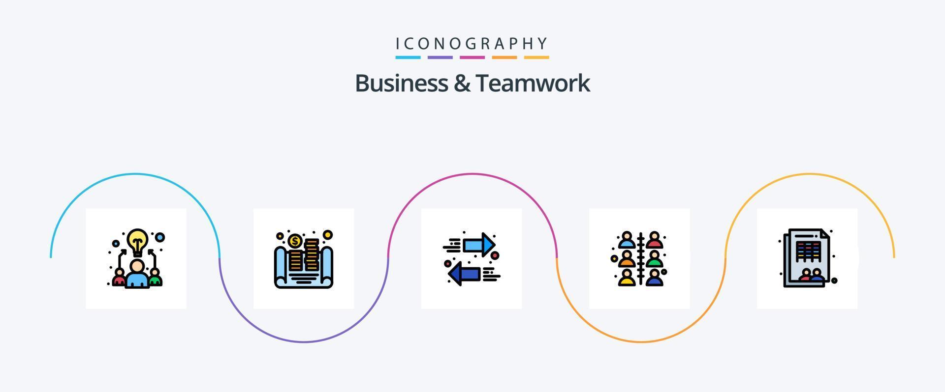 Geschäfts- und Teamwork-Linie gefülltes flaches 5-Icon-Paket einschließlich Tabelle. Mitarbeiter. Pfeil. Arbeit. Verhältnis vektor
