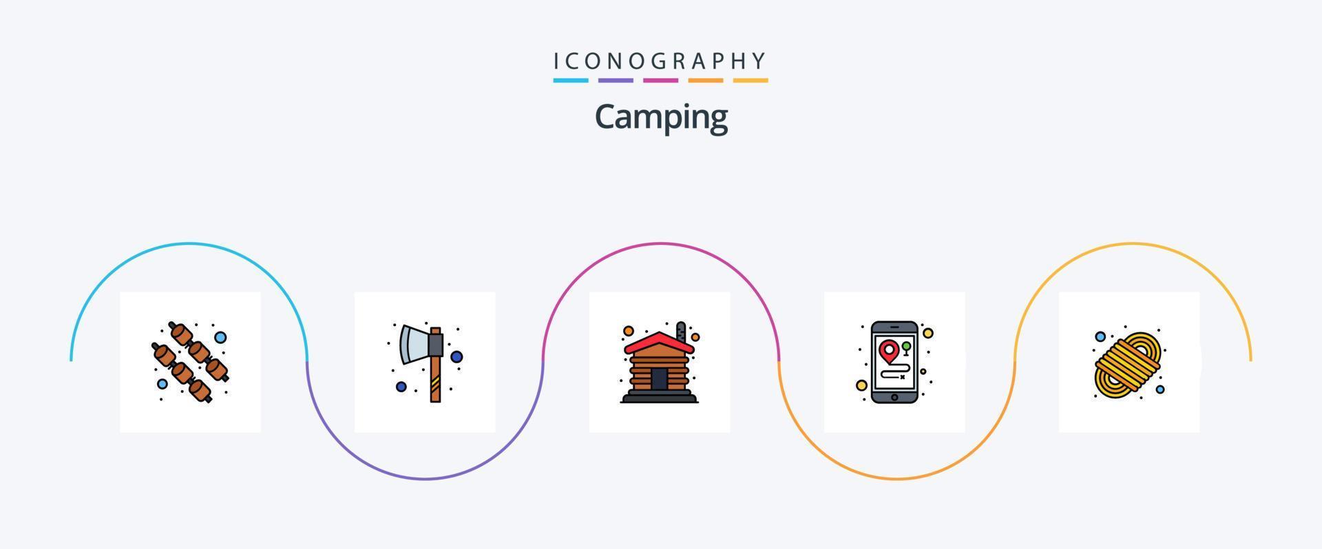 Camping-Linie gefülltes flaches 5-Icon-Paket einschließlich . Para-Schnur. hölzern. Knoten. Handy, Mobiltelefon vektor