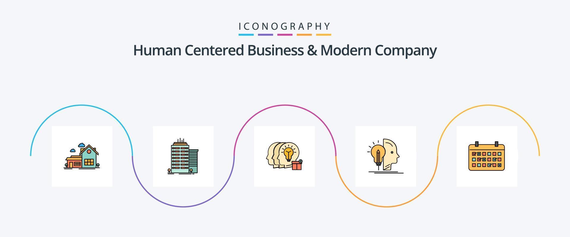 mänsklig centrerad företag och modern företag linje fylld platt 5 ikon packa Inklusive kalender. tillverkning. topp. sinne. personal vektor