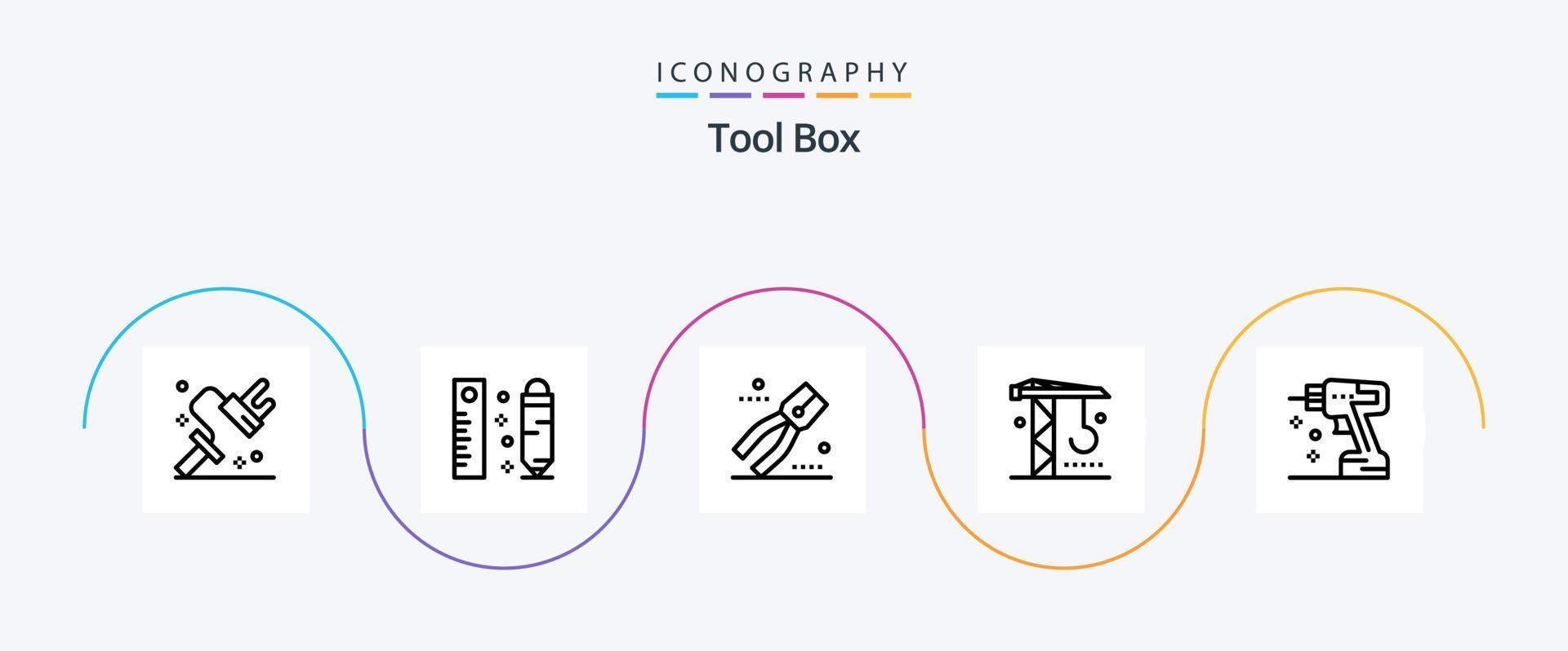 Tools Line 5 Icon Pack inklusive Bohrer. Werkzeug. Konstruktion. Maschinen. Konstruktion vektor