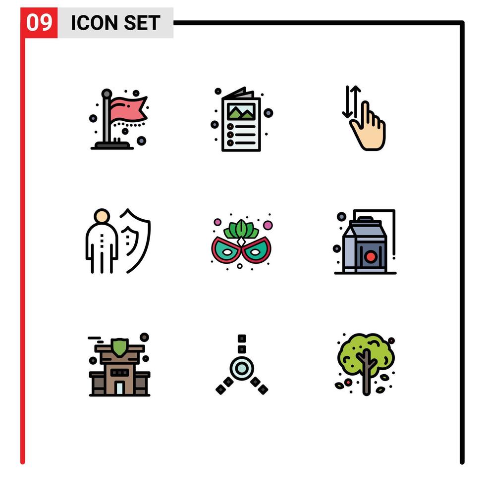 9 thematische Vektor-Fülllinien-Flachfarben und editierbare Symbole der Karnevalsmaske Person Gesten Mann Versicherung editierbare Vektordesign-Elemente vektor