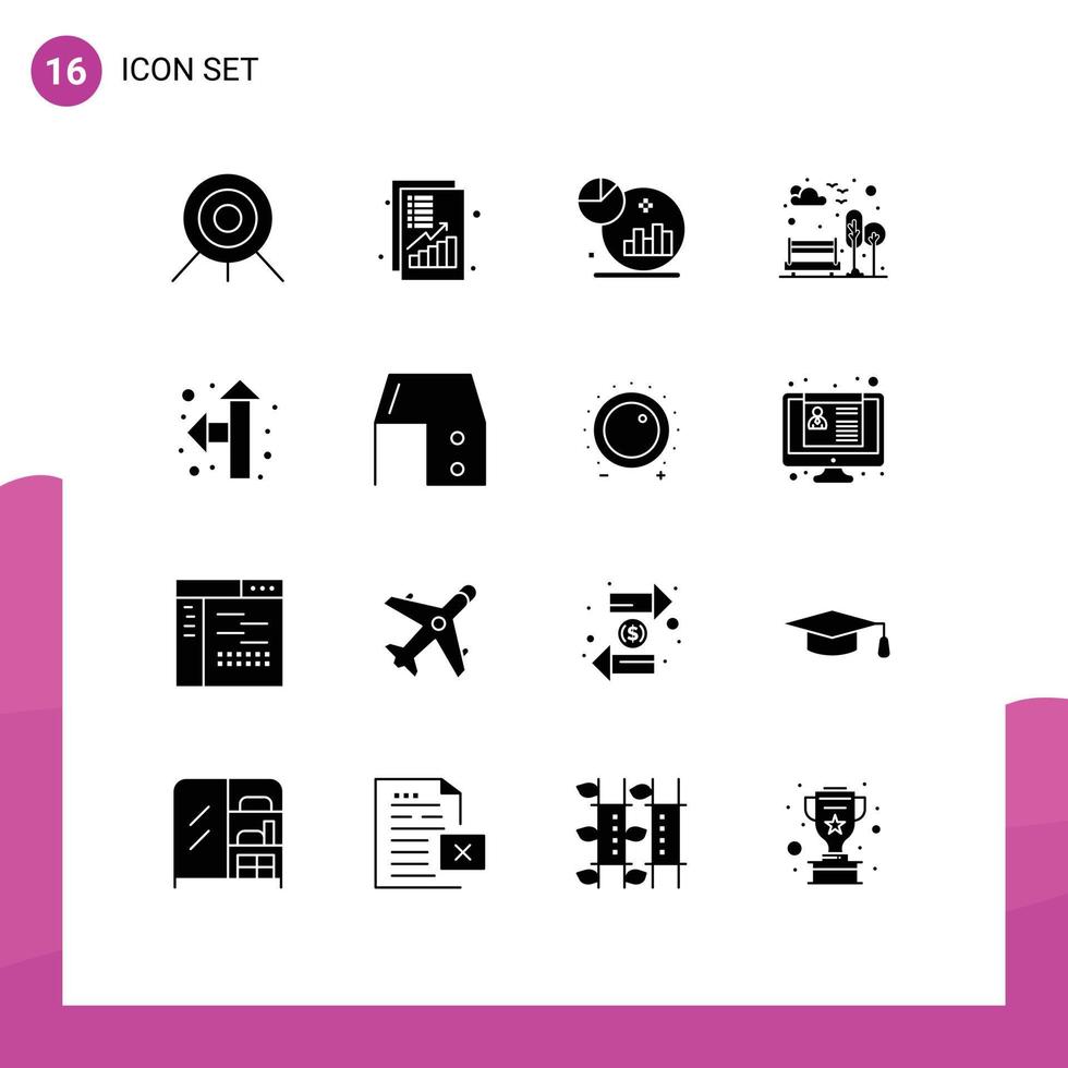 16 solides Glyphenpaket der Benutzeroberfläche mit modernen Zeichen und Symbolen der Zeigerbaumanalyse Parkbank editierbare Vektordesignelemente vektor