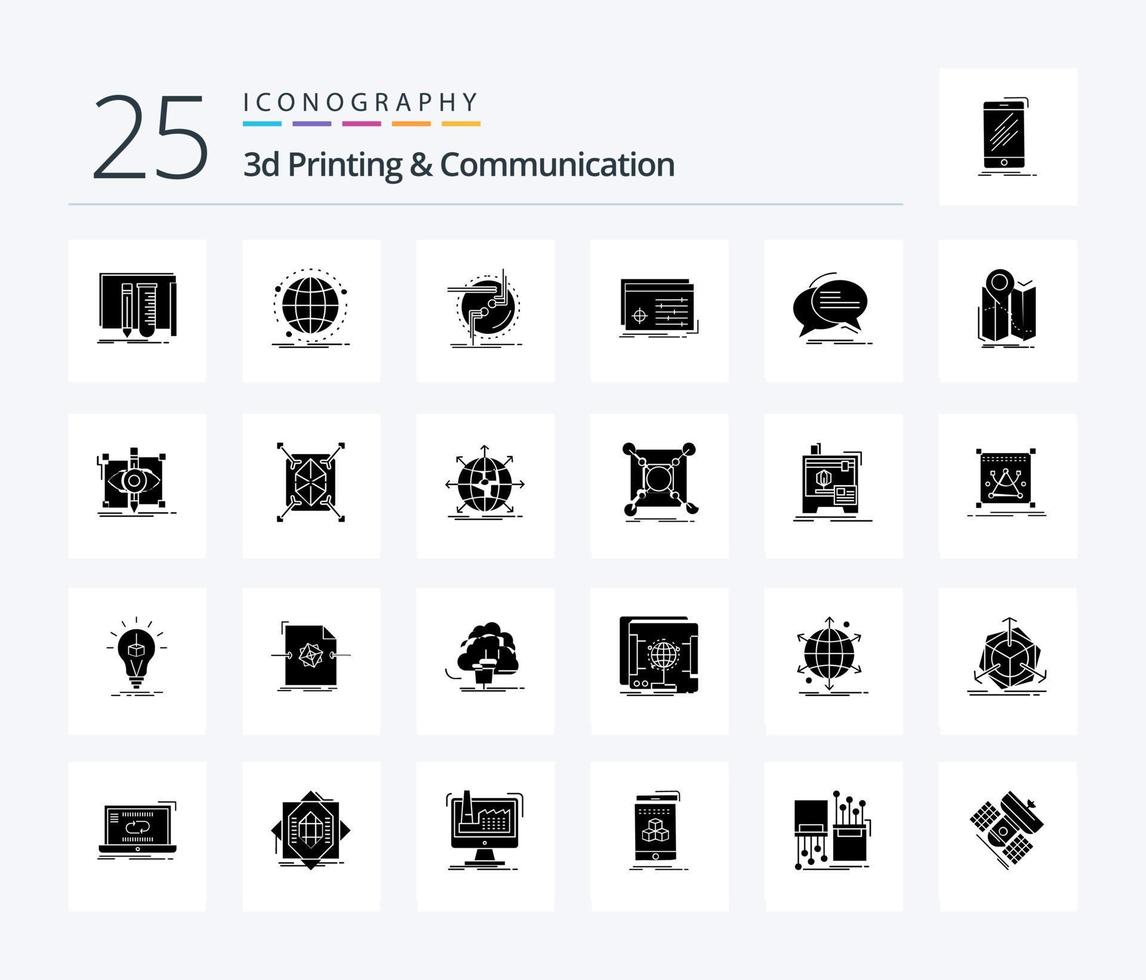 3D-Druck und Kommunikation 25 solides Glyphen-Icon-Paket inklusive Verarbeitung. Datei. Netzwerk. Kabel. Verbindung vektor