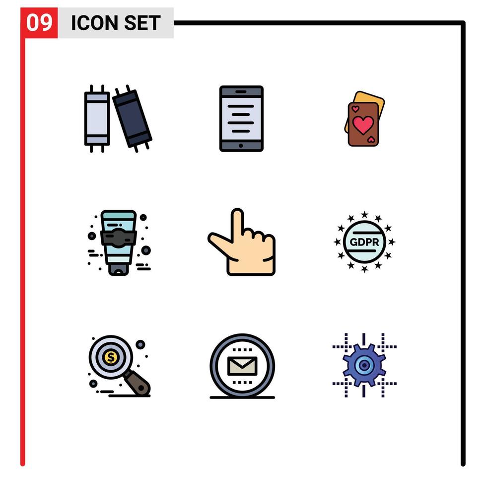 Packung mit 9 kreativen Filledline-Flachfarben der Privatsphäre gdpr Herzzoom Hautpflege editierbare Vektordesign-Elemente vektor