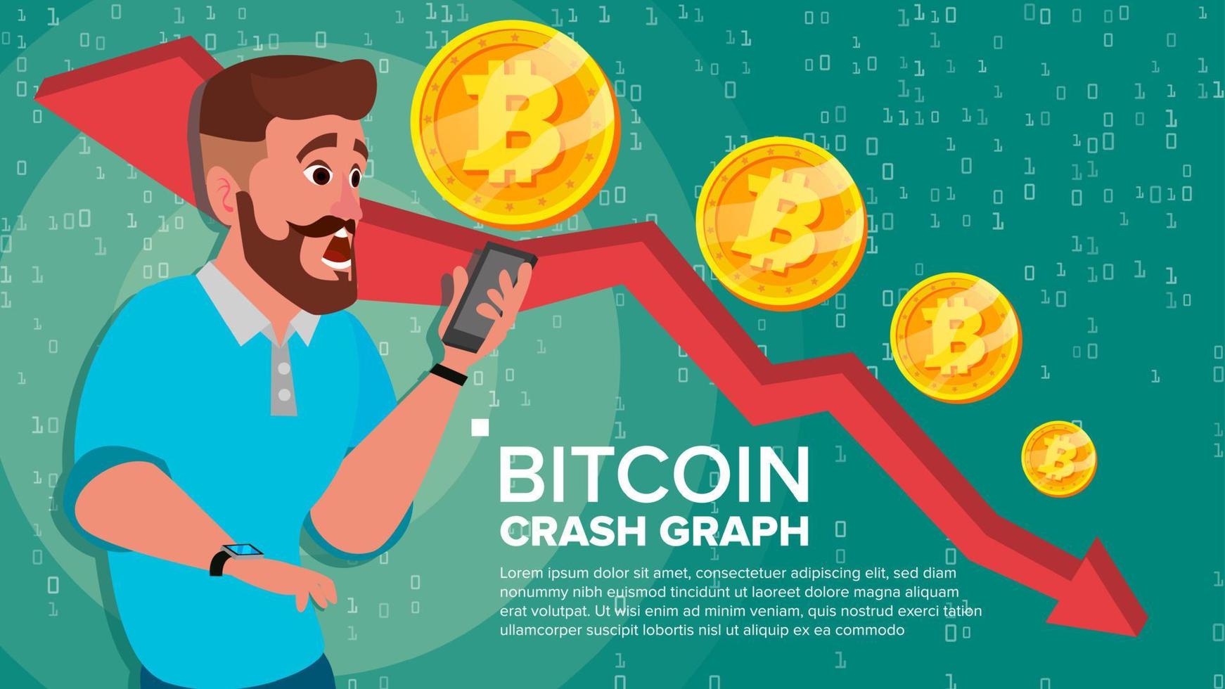 Bitcoin-Crash-Graph-Vektor. überraschter Investor. Börsenhandel mit negativem Wachstum. Zusammenbruch der Kryptowährung. bitcoin kryptowährungsmarktkonzept. Ärger, Panik. flache karikaturillustration vektor