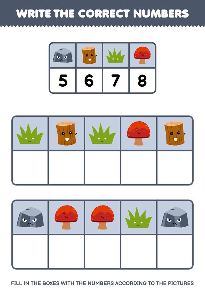 utbildning spel för barn skriva de rätt tal i de låda enligt till de söt sten trä logga gräs svamp bilder på de tabell tryckbar natur kalkylblad vektor