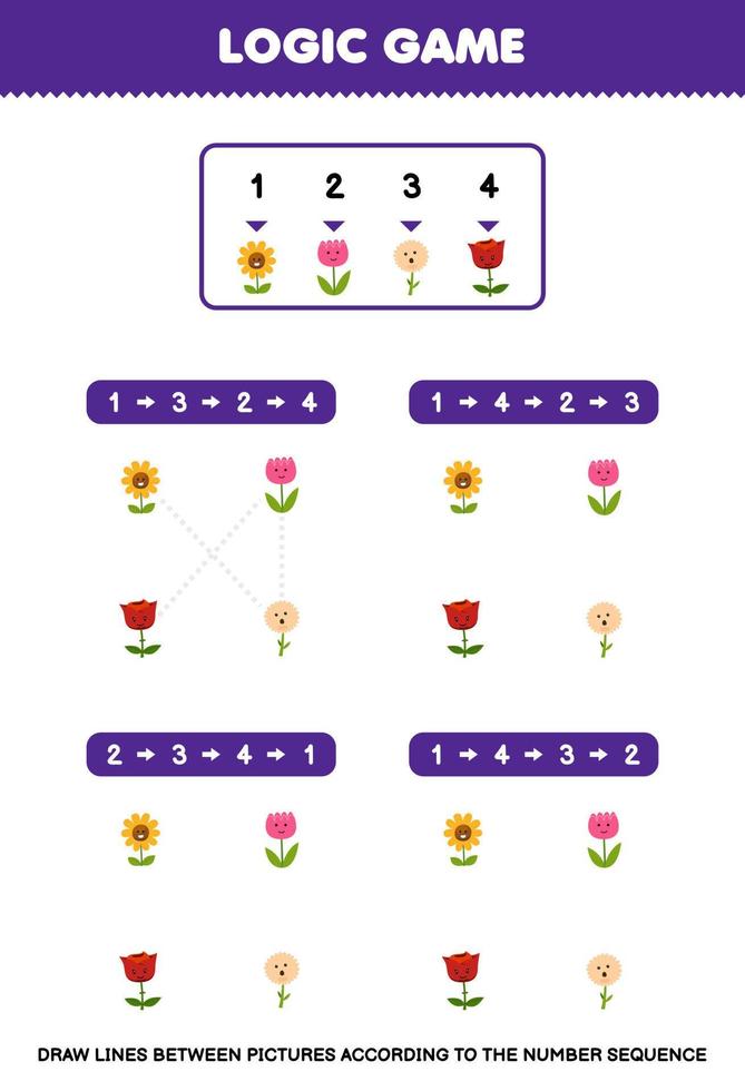 Lernspiel für Kinder Zeichnen Sie Linien gemäß den Zahlenfolgen von niedlichen Cartoon-Blumenbildern zum Ausdrucken des Naturarbeitsblatts vektor