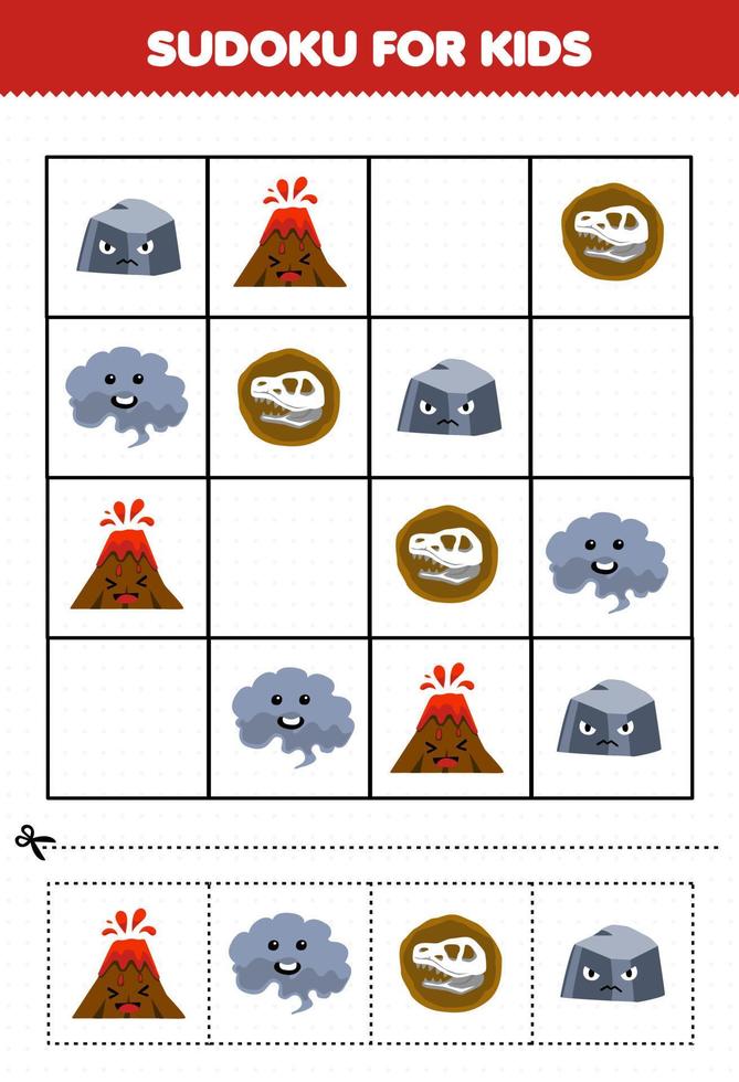 bildungsspiel für kinder sudoku für kinder mit niedlichem cartoon-vulkanrauch-fossilstein-naturarbeitsblatt zum ausdrucken vektor