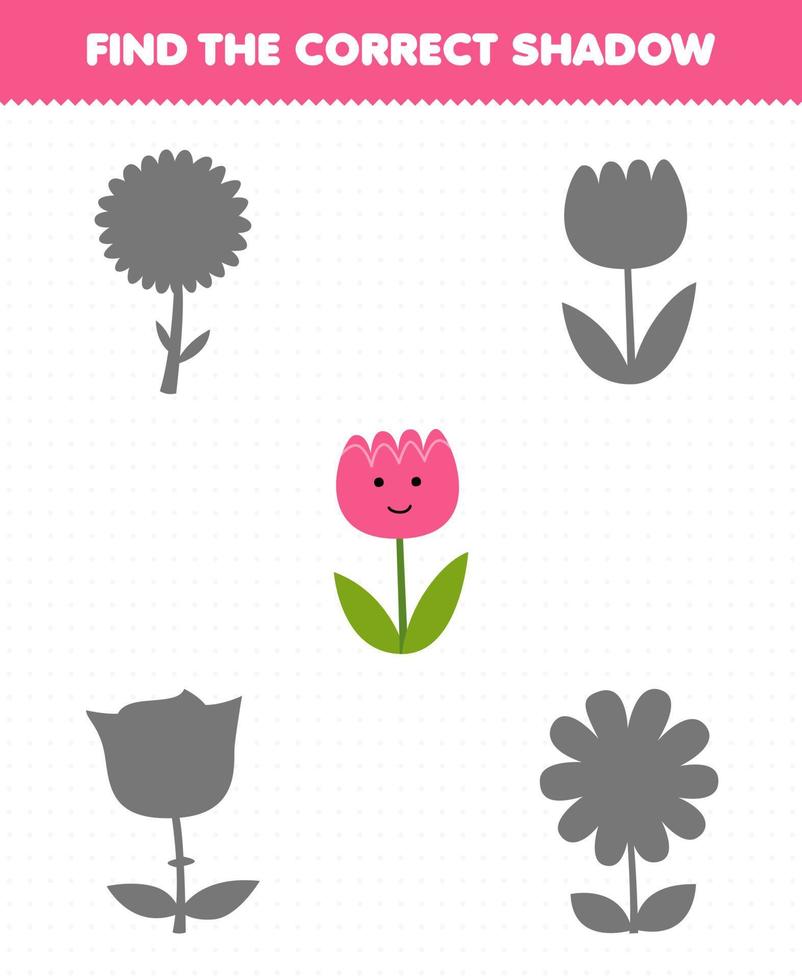 utbildning spel för barn hitta de korrekt skugga uppsättning av söt tecknad serie rosa blomma tryckbar natur kalkylblad vektor
