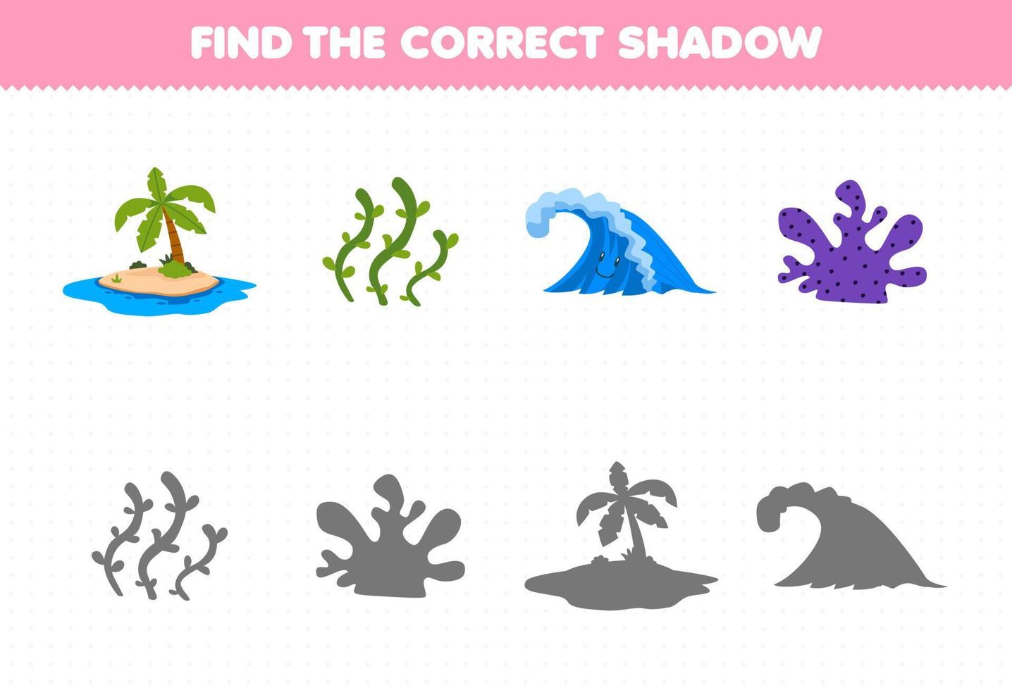 Bildungsspiel für Kinder Finden Sie das richtige Schattenset aus niedlichem Cartoon-Insel-Algen-Korallenwellen-Arbeitsblatt zum Ausdrucken für die Natur vektor