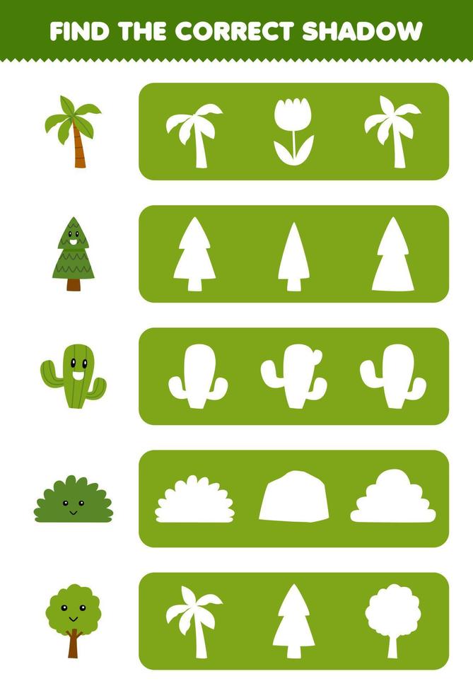 Bildungsspiel für Kinder Finden Sie die richtige Schattensilhouette des niedlichen Cartoon-Busch-Kaktus-Palme-Druckbares Natur-Arbeitsblatt vektor