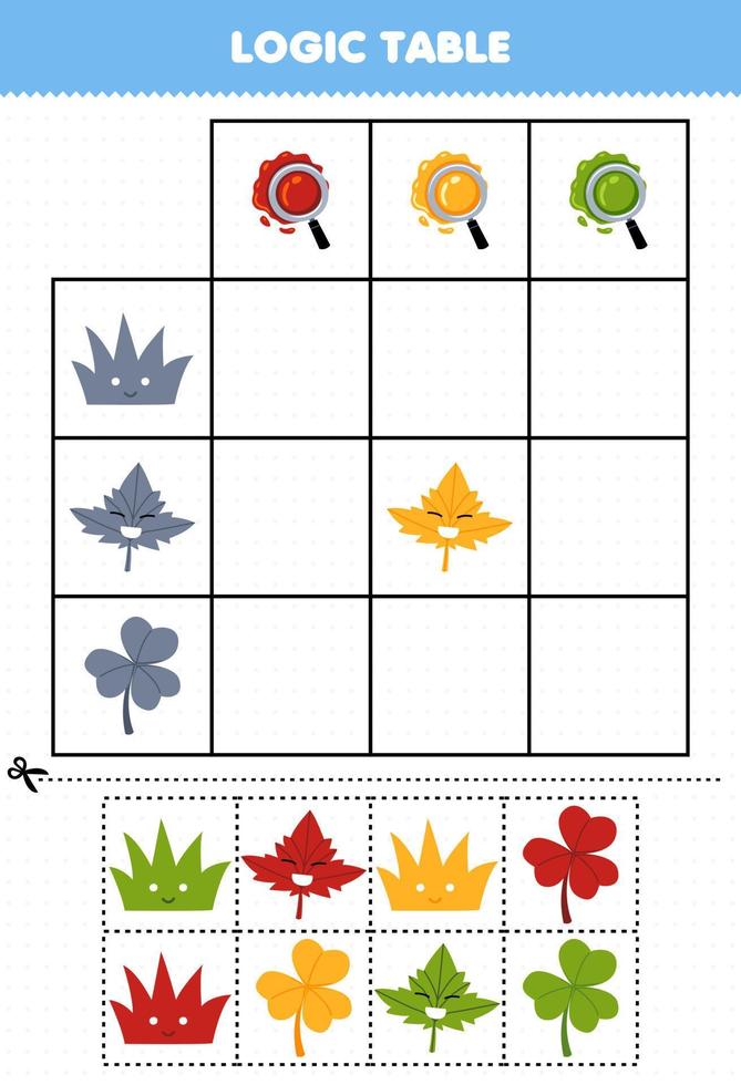 Lernspiel für Kinder Logiktabelle Cartoon-Gras und Blätter passen zum druckbaren Naturarbeitsblatt in der richtigen Farbe vektor