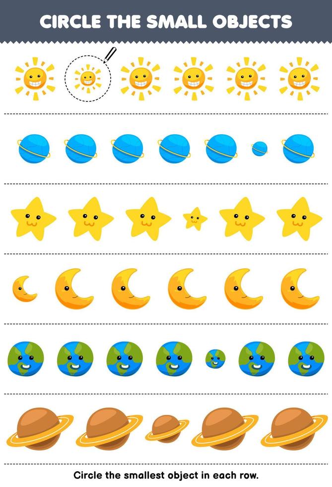 utbildning spel för barn cirkel de minsta objekt i varje rad av söt tecknad serie Sol planet stjärna måne tryckbar natur kalkylblad vektor