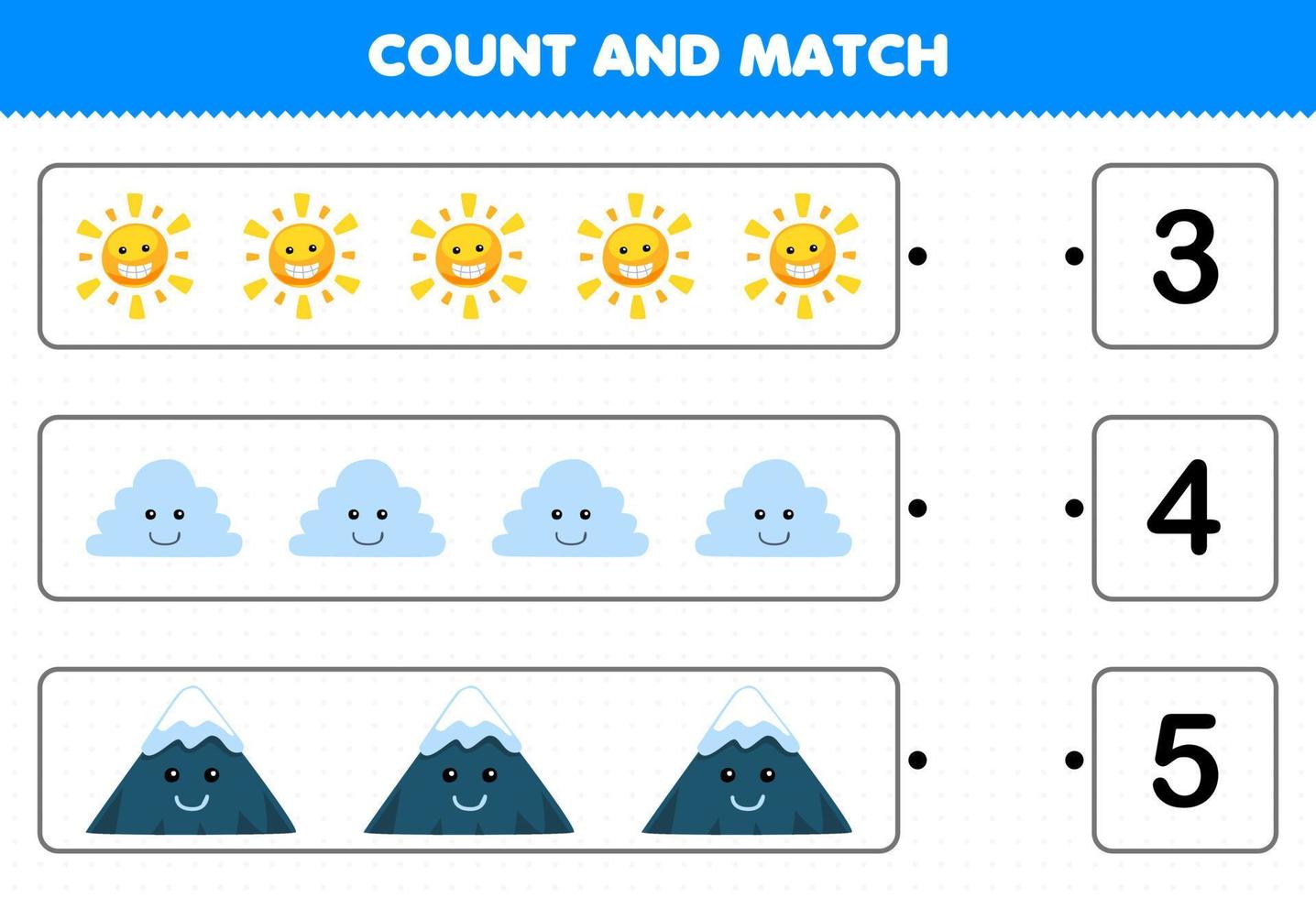 Bildungsspiel für Kinder Zählen Sie die Anzahl der niedlichen Cartoon-Sonnenwolkenberge und passen Sie sie mit den richtigen Zahlen zum ausdruckbaren Naturarbeitsblatt an vektor