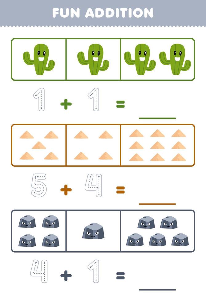 Lernspiel für Kinder, lustige Ergänzung durch Zählen und Verfolgen der Anzahl der niedlichen Cartoon-Kaktus-Sandsteine zum Ausdrucken des Natur-Arbeitsblatts vektor